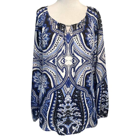 Joseph Ribkoff Vintage Retro Top Womens Size 8 Blue Swirl Keyhole Career Blouse - Picture 1 of 7